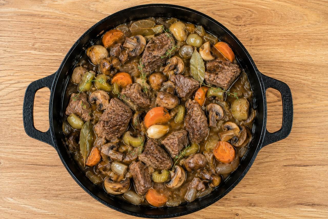 AIP braised beef and mushrooms - oven braise of seared stew meat in bone broth