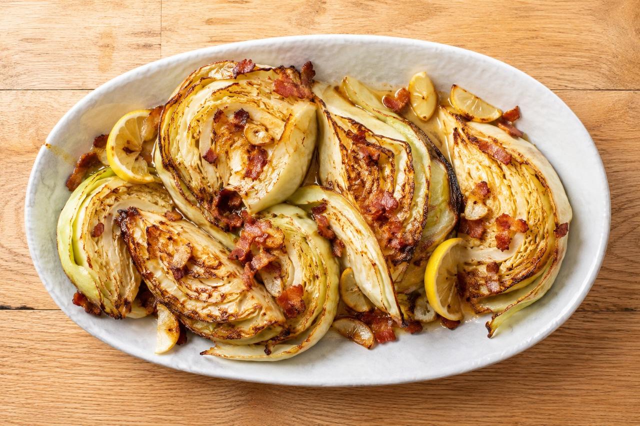 AIP roasted cabbage wedges - foil-roasted cabbage with lemon, garlic, and bacon