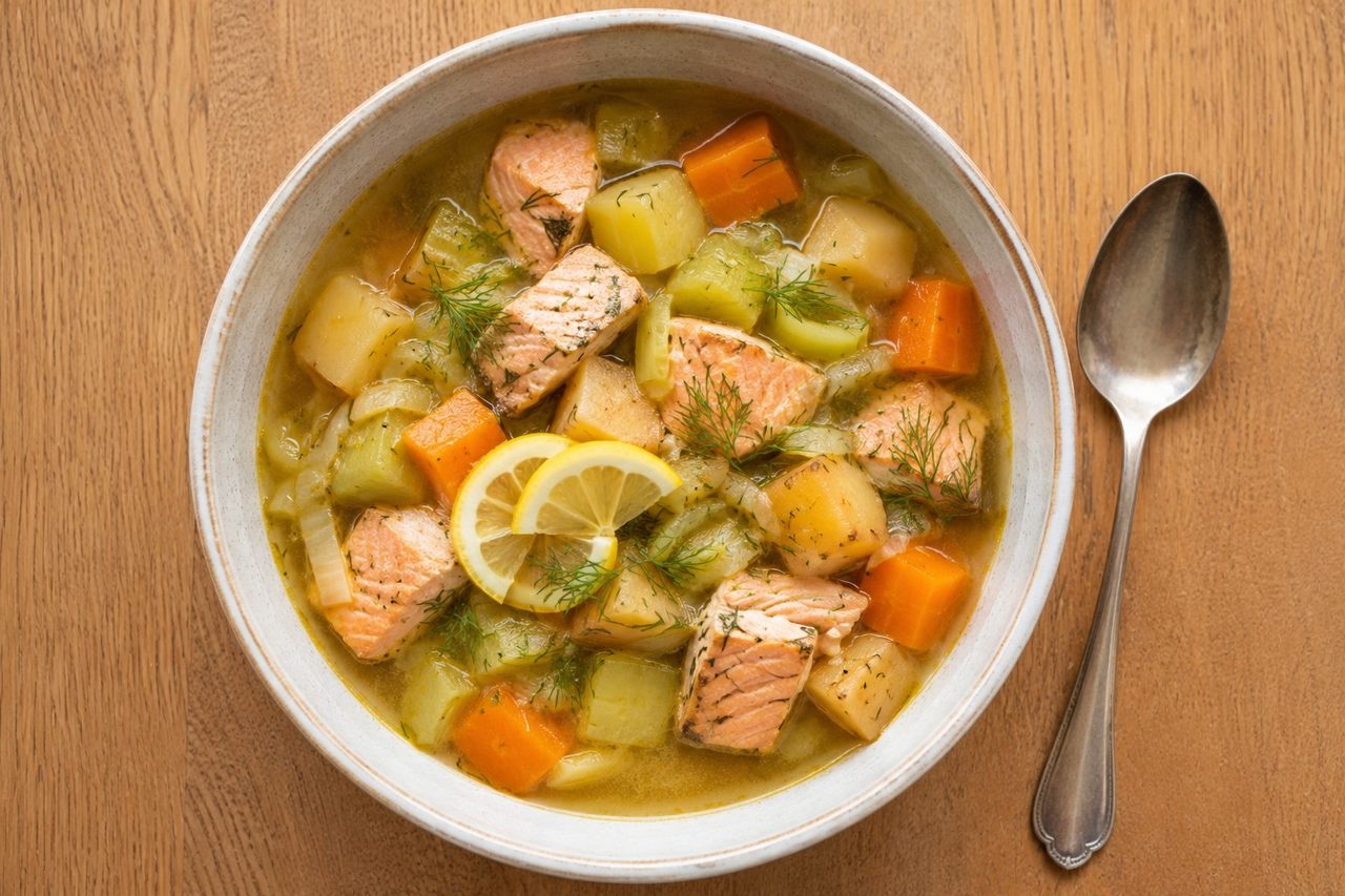 AIP salmon stew with rutabaga, leeks, and dill - root vegetable stew finished with salmon and lemon