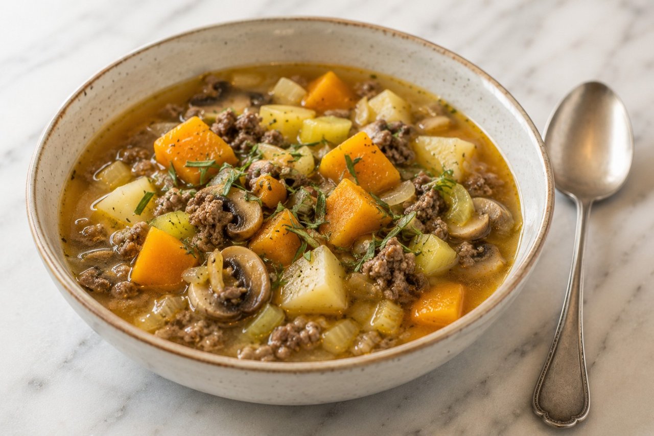 AIP harvest vegetable soup - root vegetables, squash and ground beef in broth, AIP Core seed-free
