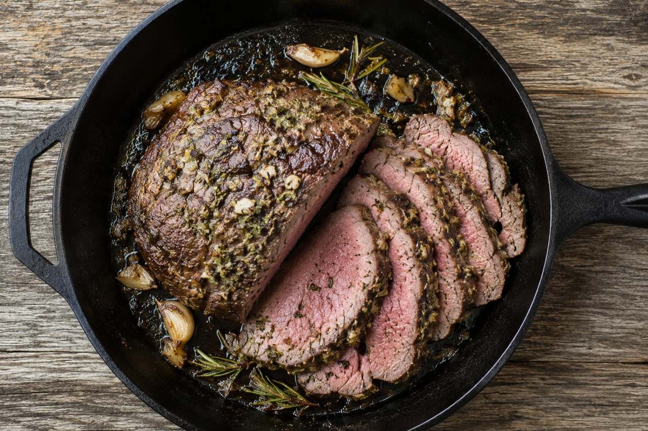 AIP garlic and rosemary roast beef - sirloin tip with herb paste, slow-roasted to medium-rare, AIP Core seed-free