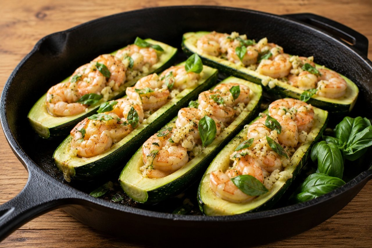 AIP garlic shrimp zucchini boats - hollowed zucchini filled with garlic-lemon shrimp, AIP Core seed-free