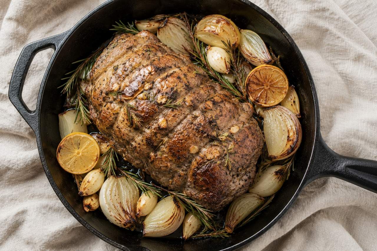AIP easy roast lamb - boneless leg, low roast with onion, garlic, lemon, rosemary