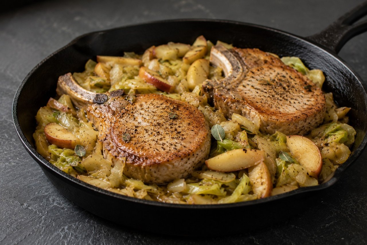 AIP pork chops with cabbage and apples - cast iron skillet supper
