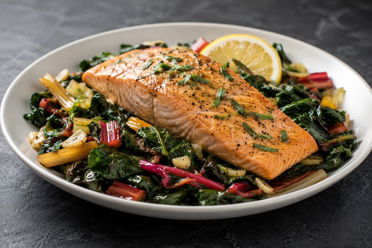 AIP one-pan salmon and rainbow chard with garlic and tarragon