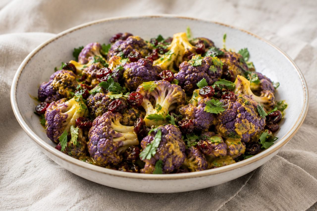 AIP colorful cauliflower salad - blanched cauliflower, dried fruit, turmeric-anchovy dressing
