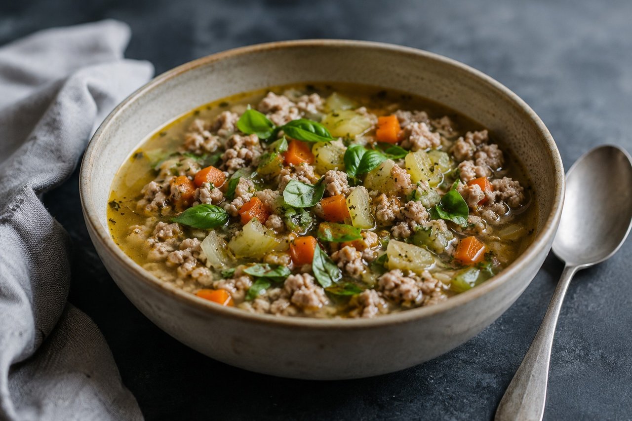 AIP ground turkey and vegetable soup - one-pot nomato broth, zinc source