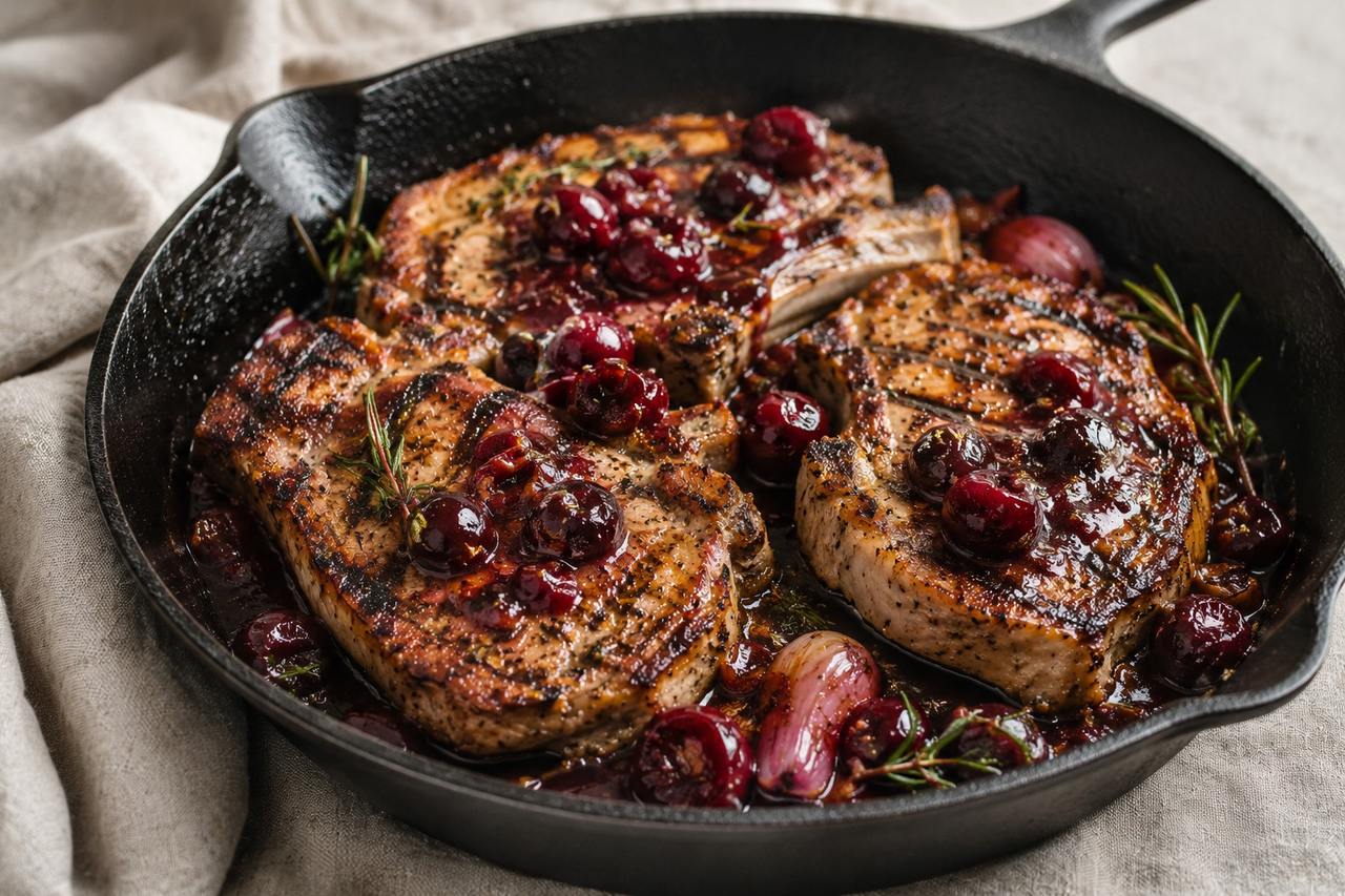 AIP grilled pork chops with cherry compote - herb-marinated chops, zinc source
