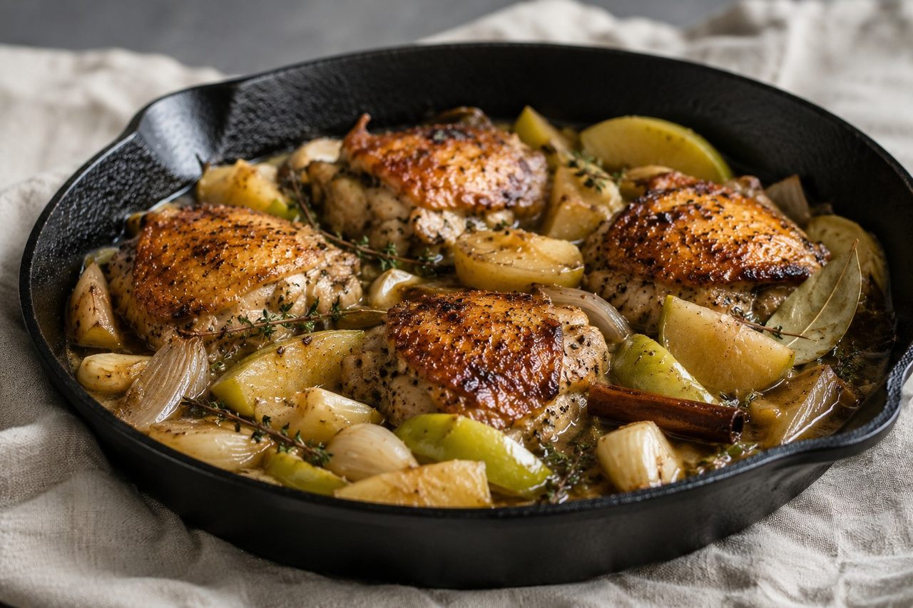 AIP one-pan chicken thighs with apples - seared and braised, fiber and polyphenol source