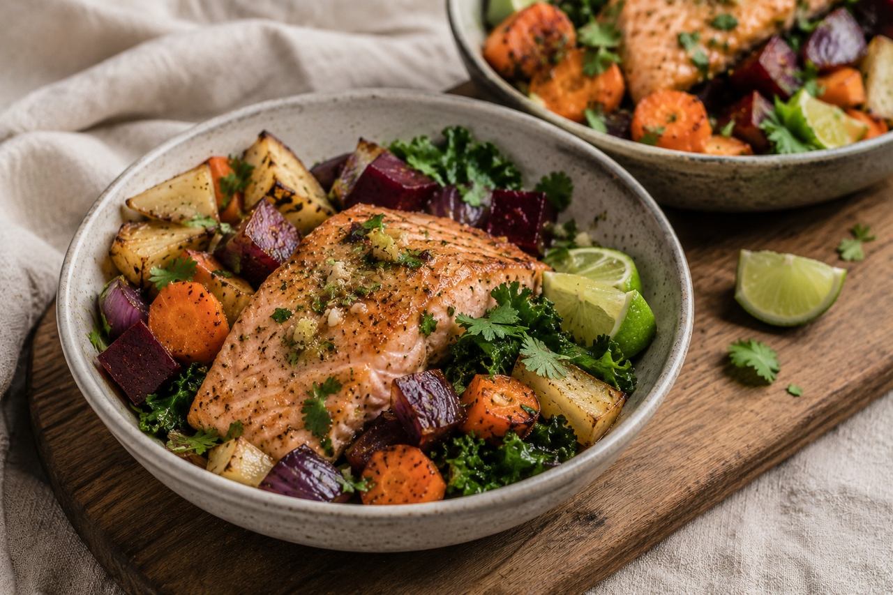 AIP roasted veggie and salmon bowls - roasted roots, baked salmon, omega-3 source