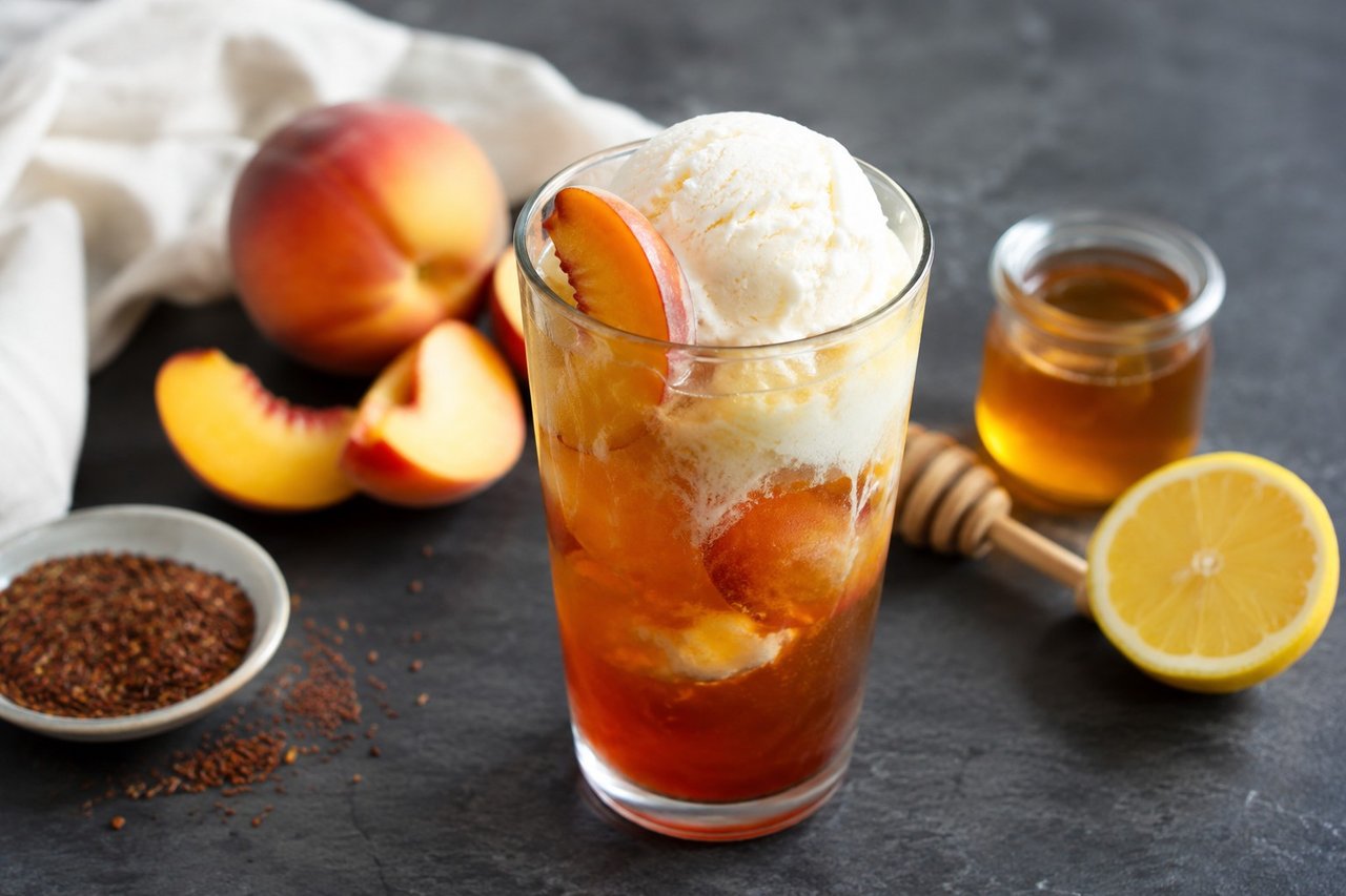 AIP rooibos peach tea float with coconut ice cream, treat drink