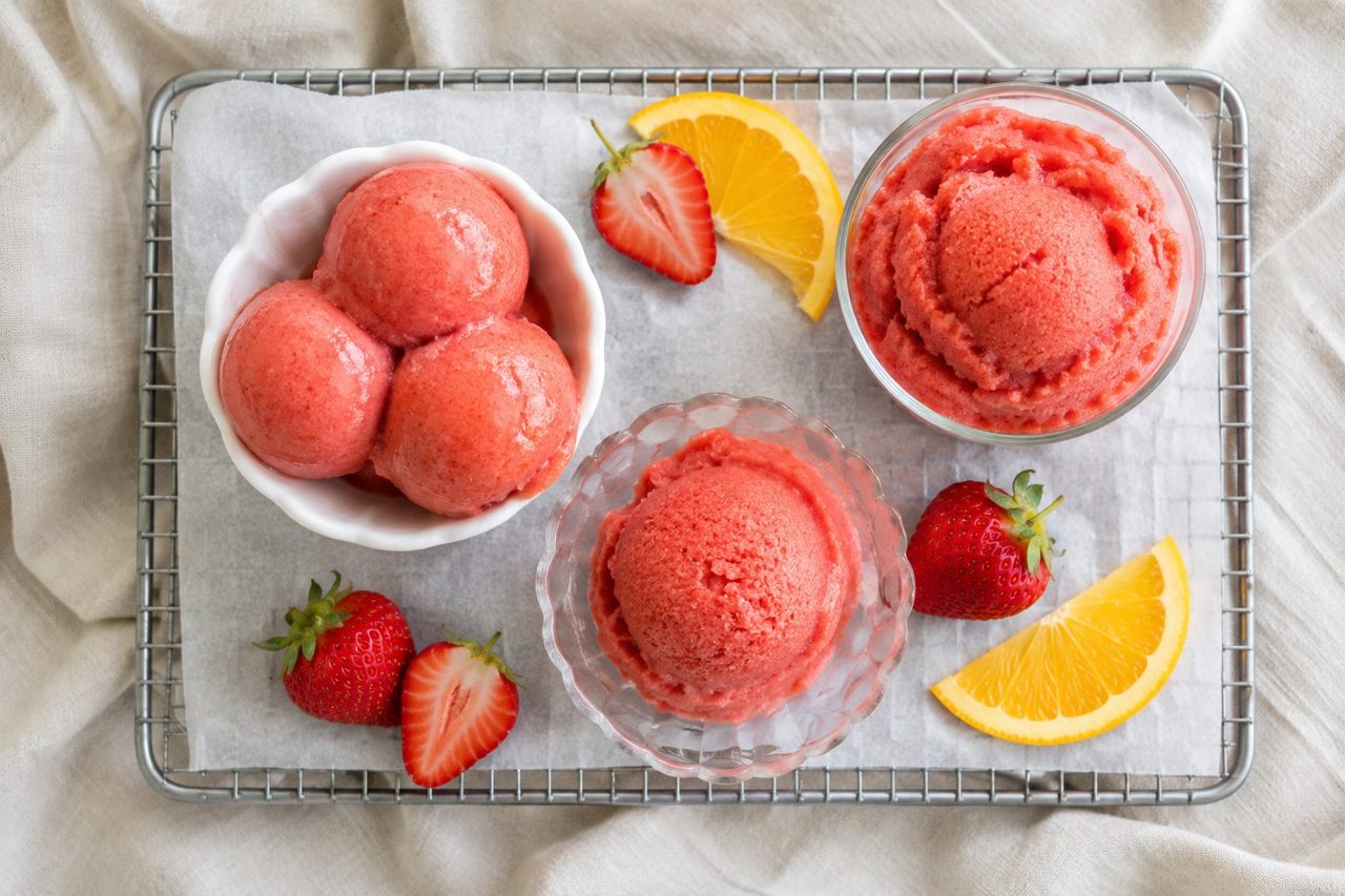two-ingredient strawberry-orange sorbet served three ways, a clean elimination-phase frozen treat