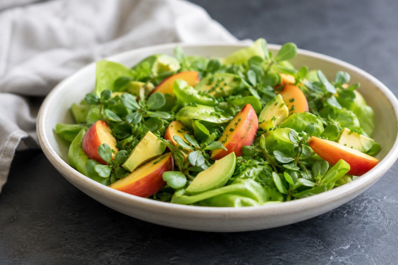 foraged purslane summer salad with peach and avocado, a no-cook elimination-phase side