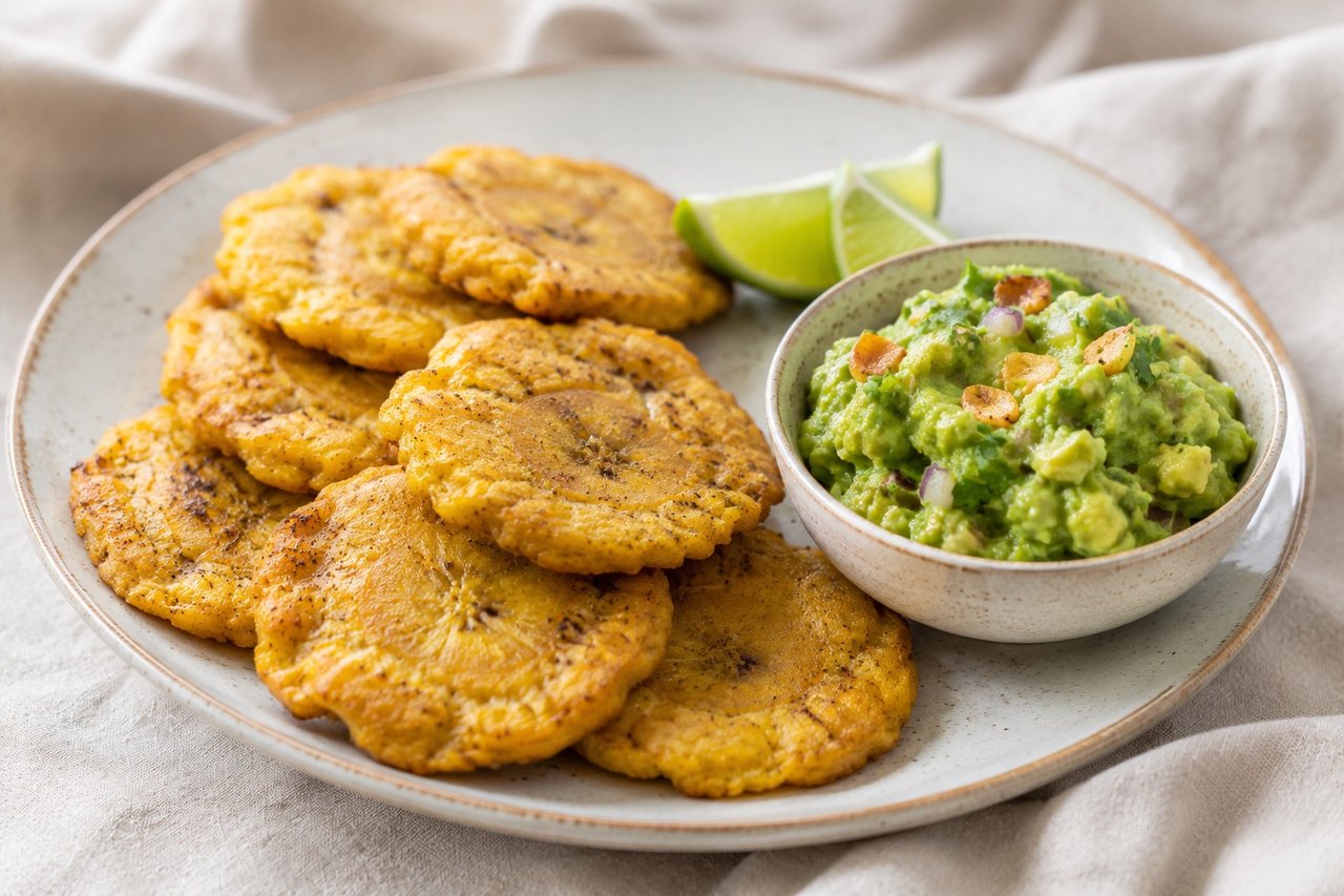 AIP breakfast tostones with fried-garlic guacamole - twice-fried green plantain