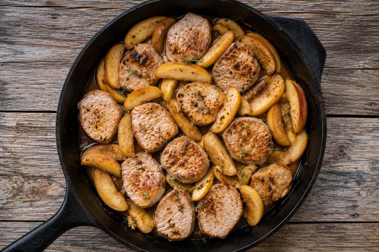 pork tenderloin medallions browned and simmered with honey-cinnamon apples