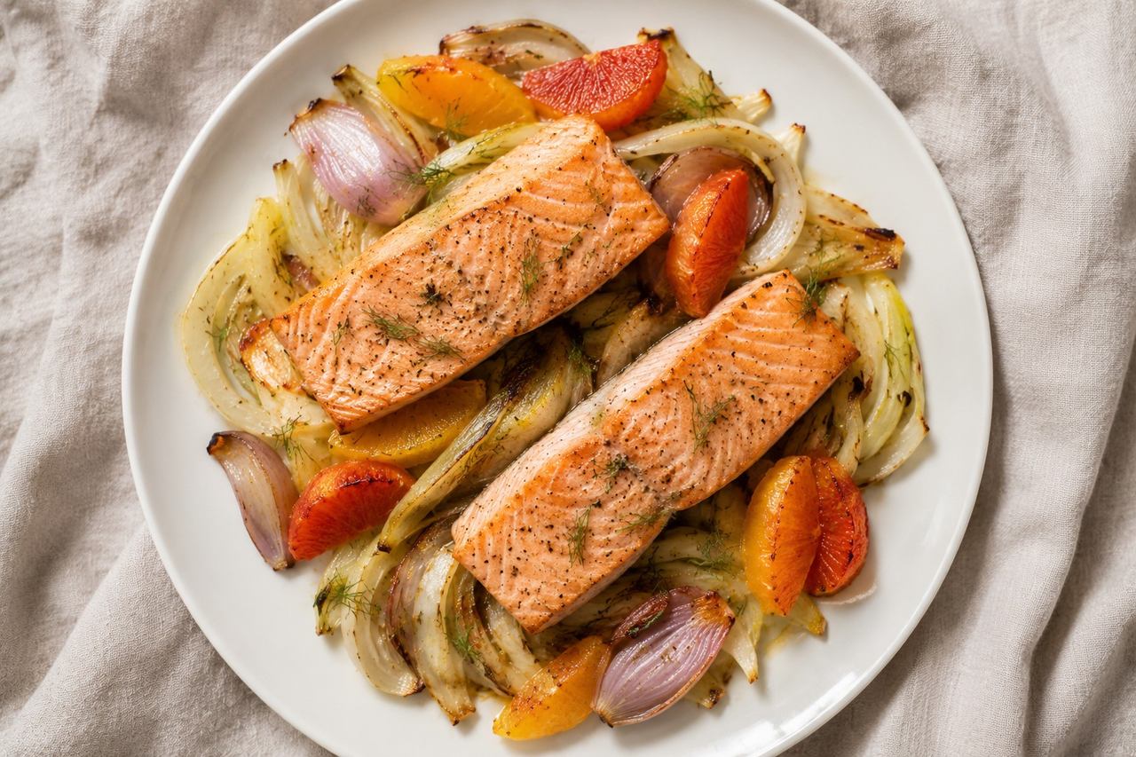 salmon fillets baked over sliced fennel bulb and shallot with citrus segments