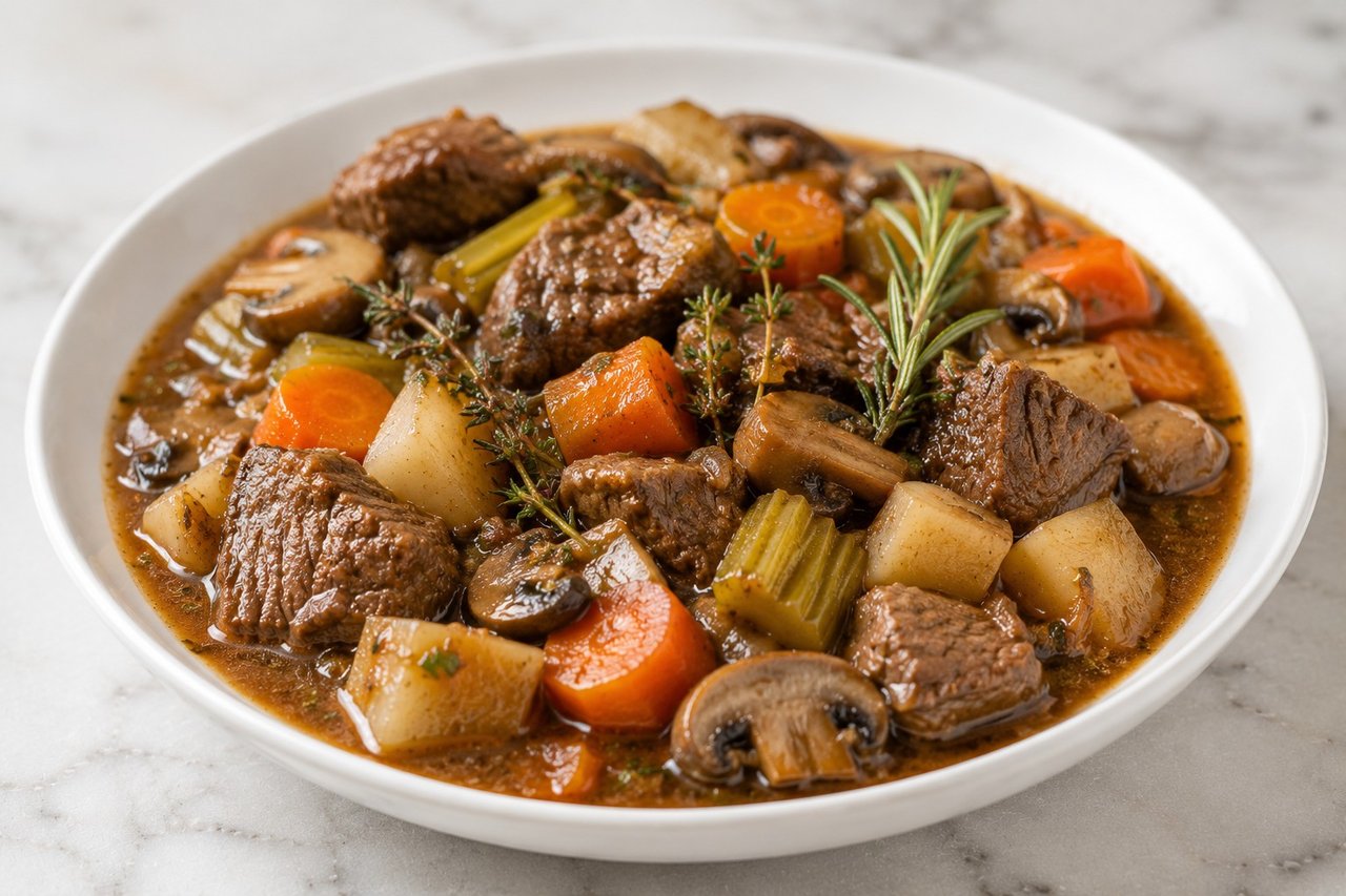 herbed beef stew with carrots, celery, celeriac, and mushrooms, pressure-cooked or simmered