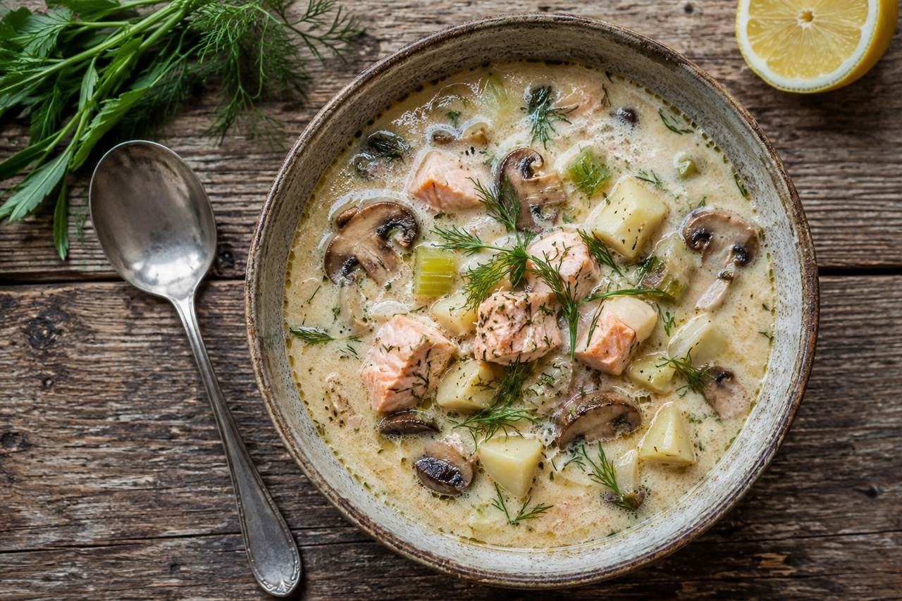 creamy coconut-milk salmon and mushroom chowder with parsnips, tarragon, and dill