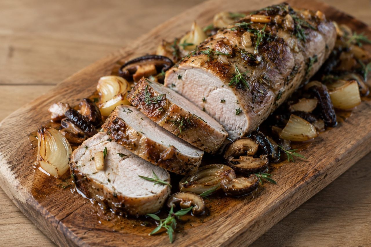 oven-roasted pork loin with shiitake, onion, garlic and fresh tarragon