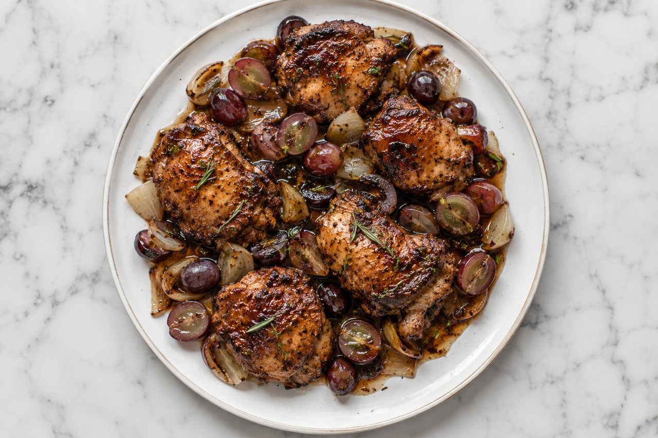 balsamic-marinated chicken thighs seared and roasted with grapes and onion