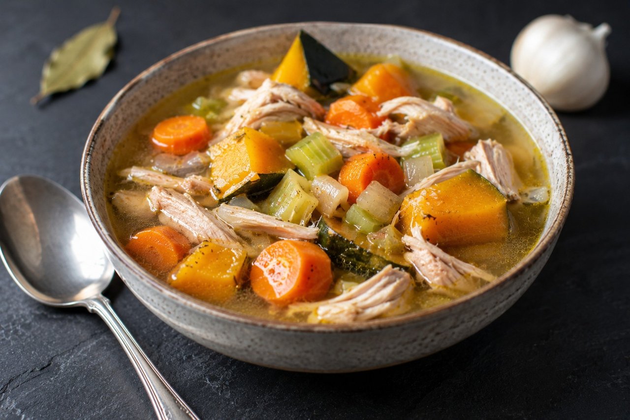 from-scratch chicken soup with homemade broth, carrots, celery and acorn squash
