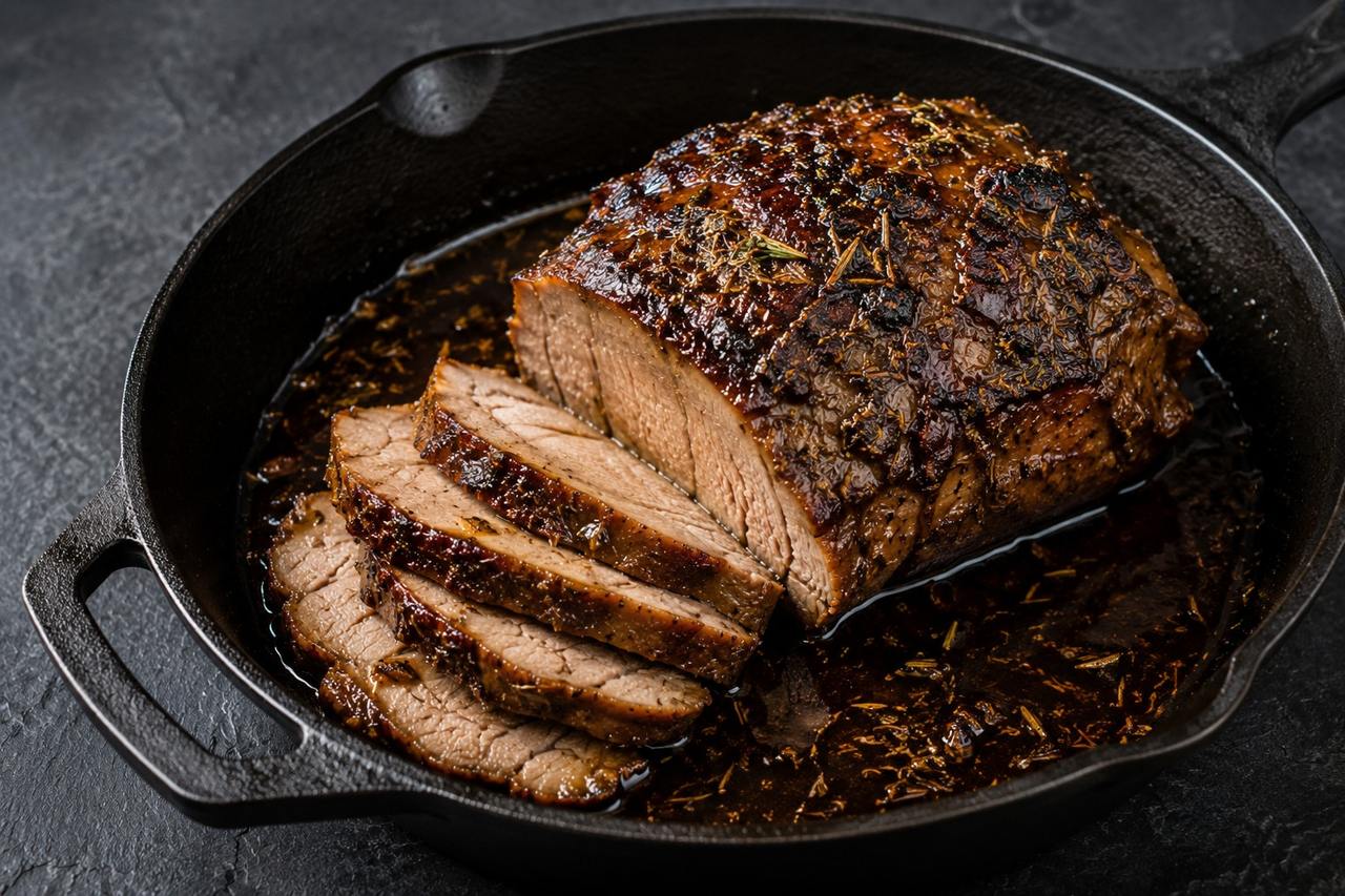 slow-cooked pork roast in balsamic, maple and herbs with a reduced pan sauce