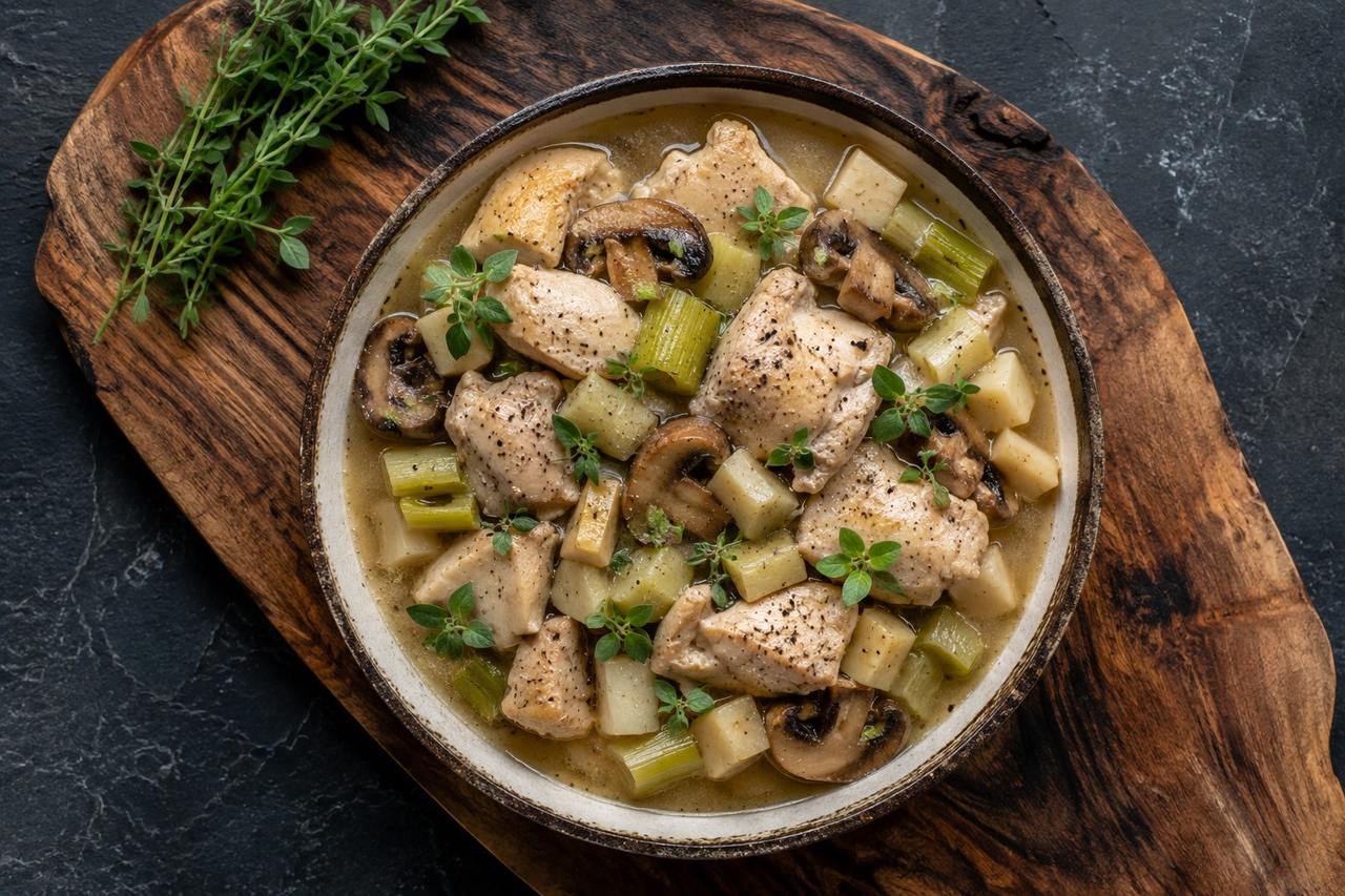 Chicken and mushroom stew with celery root and marjoram