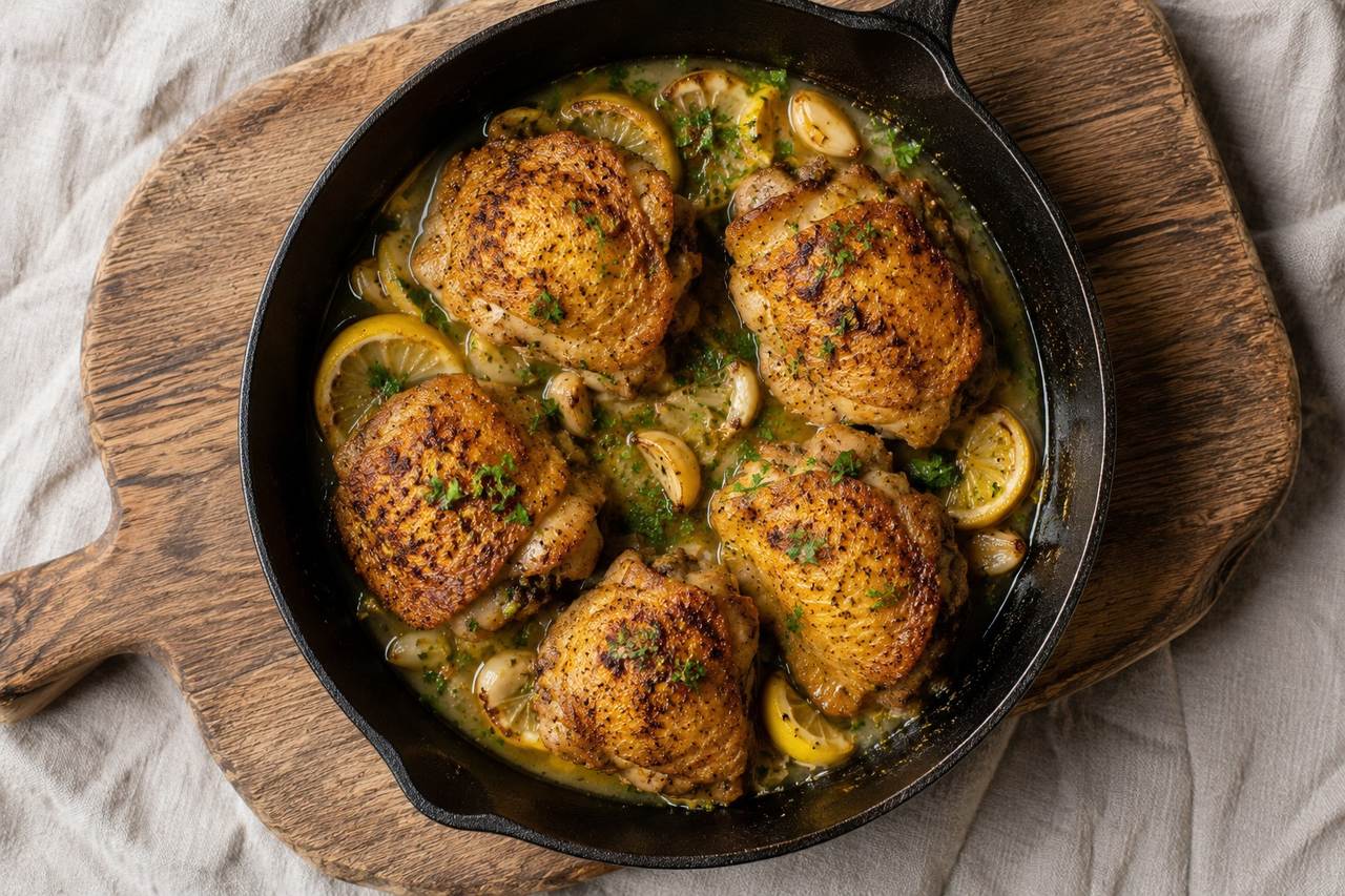 Skillet-roasted chicken thighs with a lemon garlic pan sauce