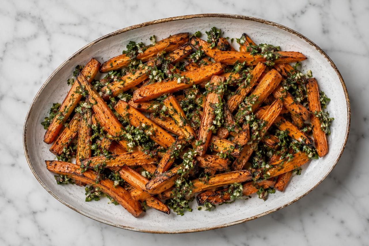 Roasted carrot fries with a raw carrot-top chimichurri