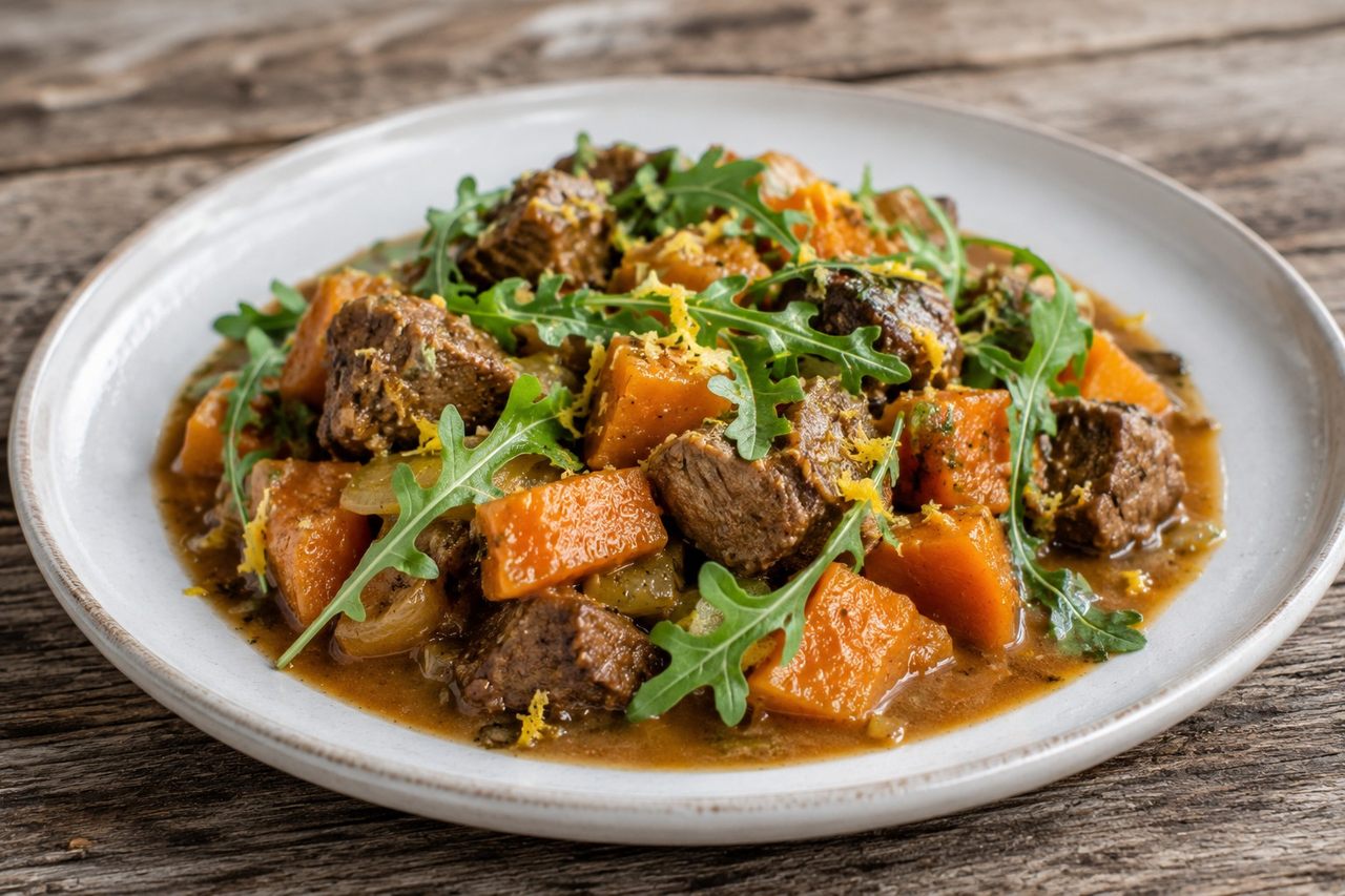 Warm-spiced lamb and butternut squash stew finished with lemon and arugula