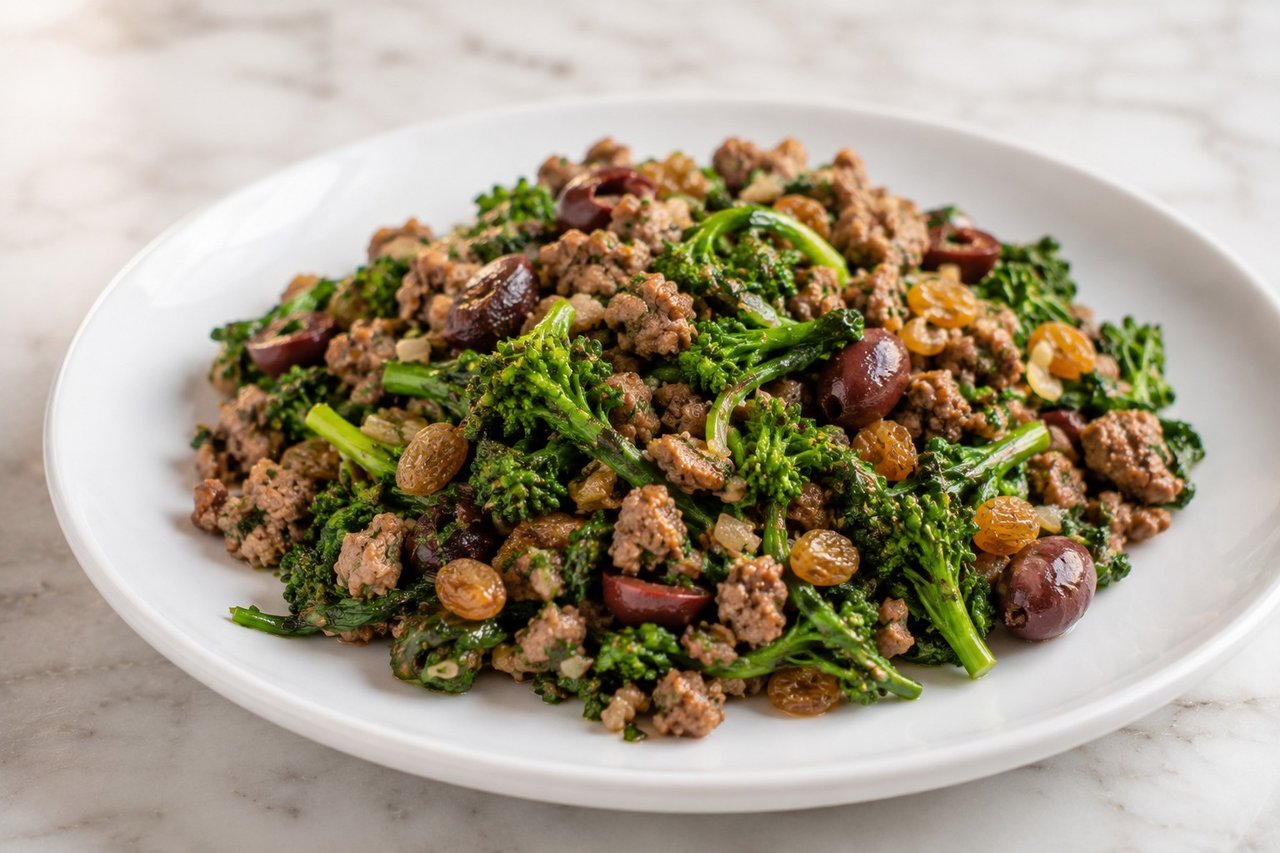 skillet ground beef with blanched broccoli rabe, olives, and raisins