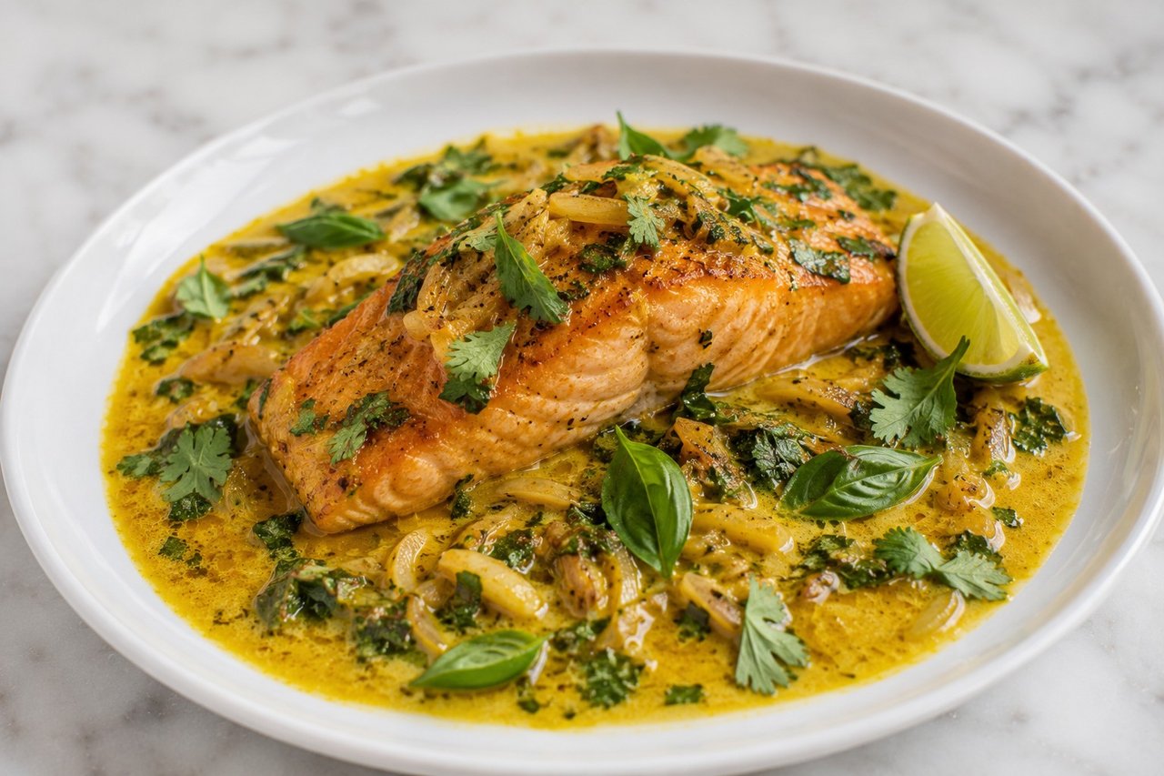 pan-seared salmon in a coconut-lime yellow curry sauce