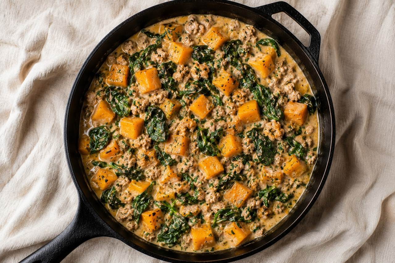 one-pot ground pork with butternut squash and spinach in a creamy coconut sauce