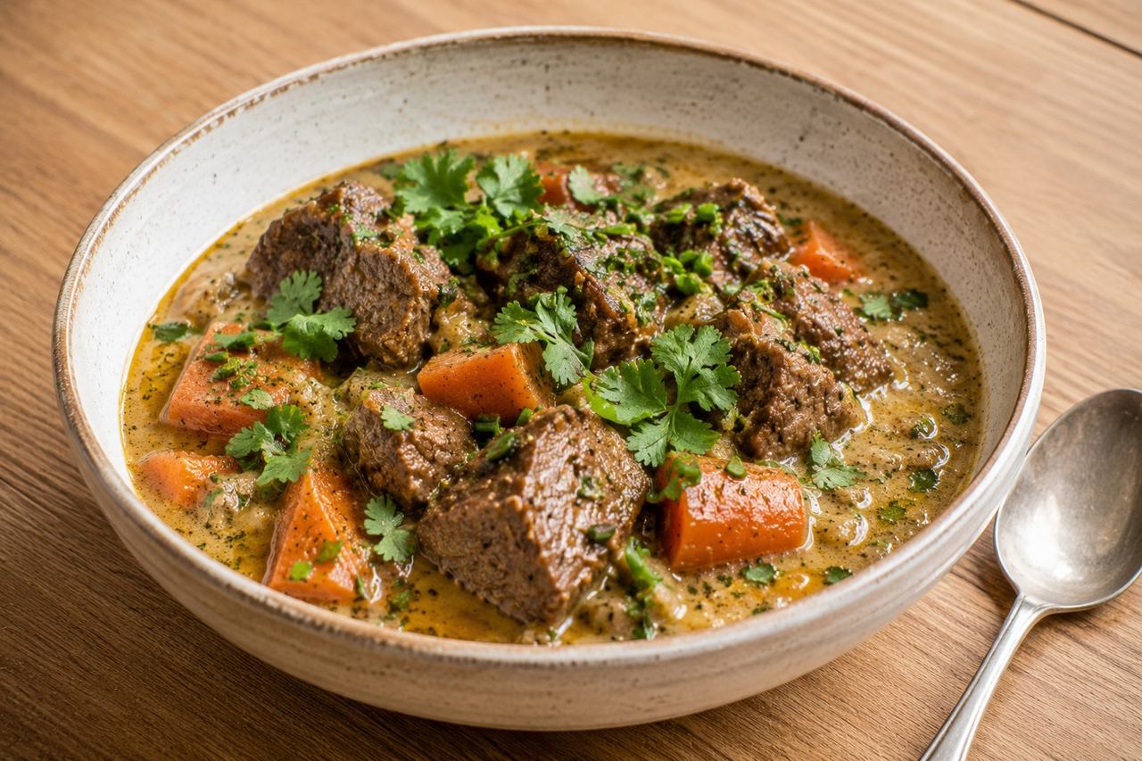 Trinidadian-style stew beef marinated in green seasoning, browned in caramelized coconut sugar, simmered with carrots and coconut milk