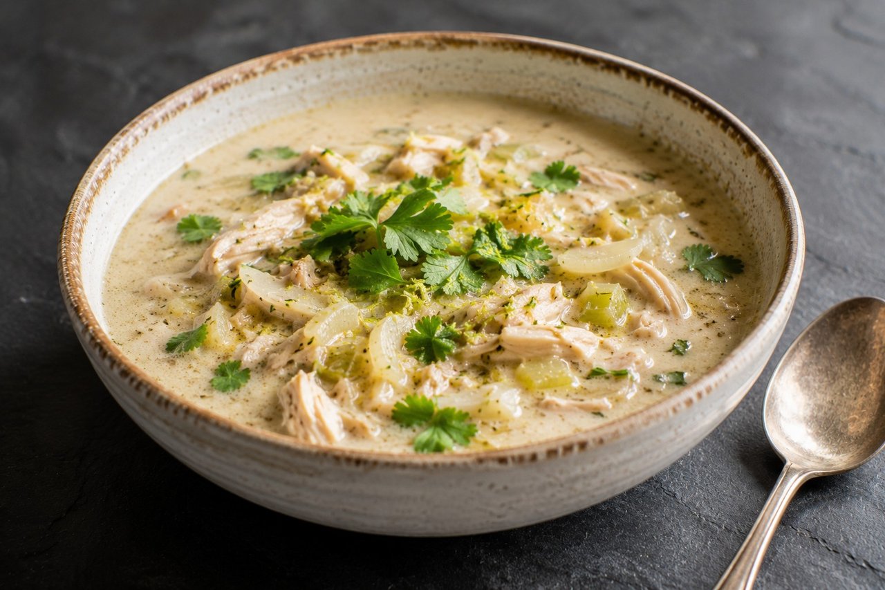 nightshade-free white chicken chili built on bone broth, coconut cream, and permitted aromatics