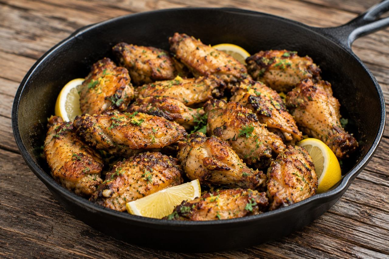 crispy oven-baked chicken wings built on lemon, permitted aromatics, and arrowroot, with black pepper omitted for Core AIP