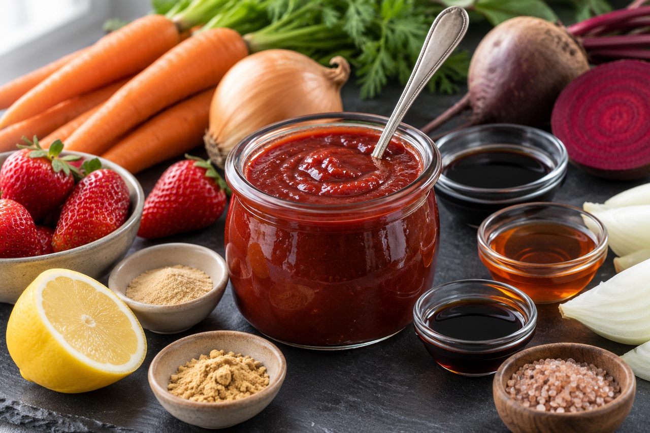 nightshade-free, tomato-free BBQ sauce built on strawberries, beets, carrots, and balsamic, with smoked salt for the BBQ note and black pepper omitted