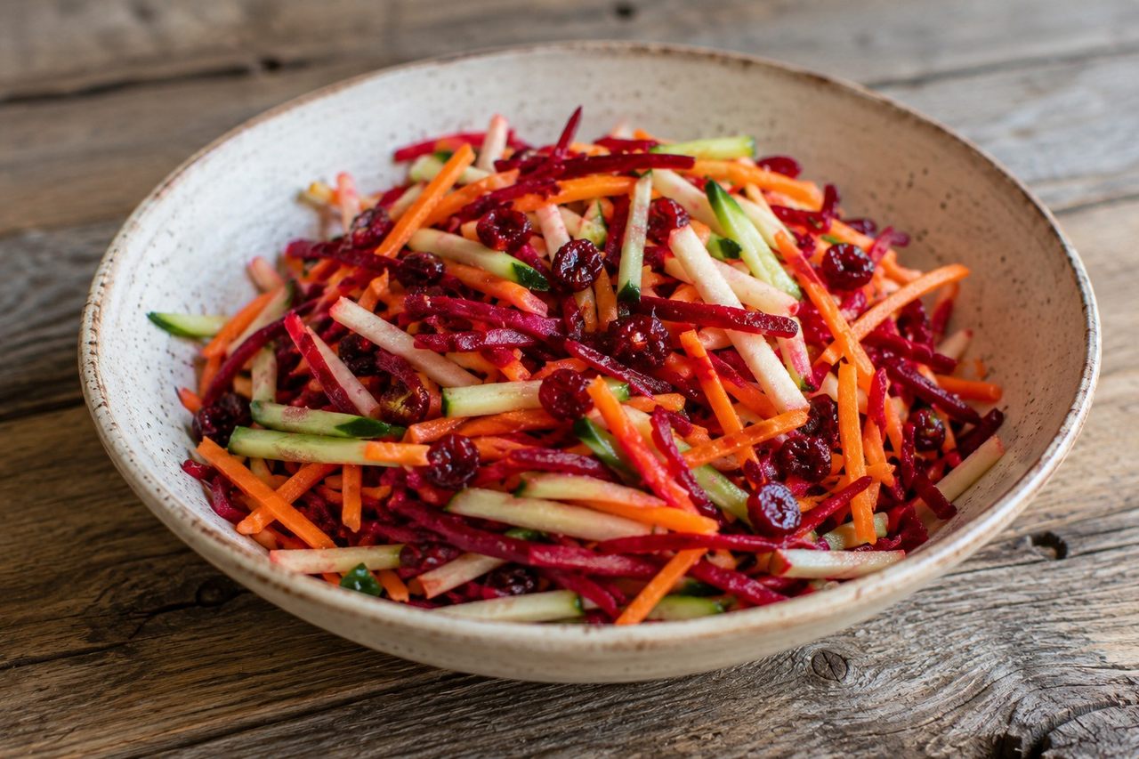 no-cook raw slaw of carrot, beet, apple, and cucumber with a simple olive oil and lemon dressing, naturally Core AIP-compliant