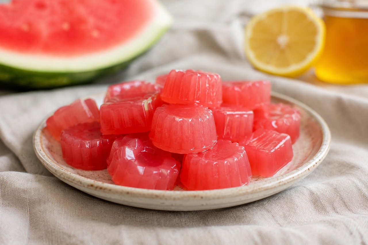 gelatin-based pink lemonade gummies from watermelon, lemon, and honey, Core-compliant as written
