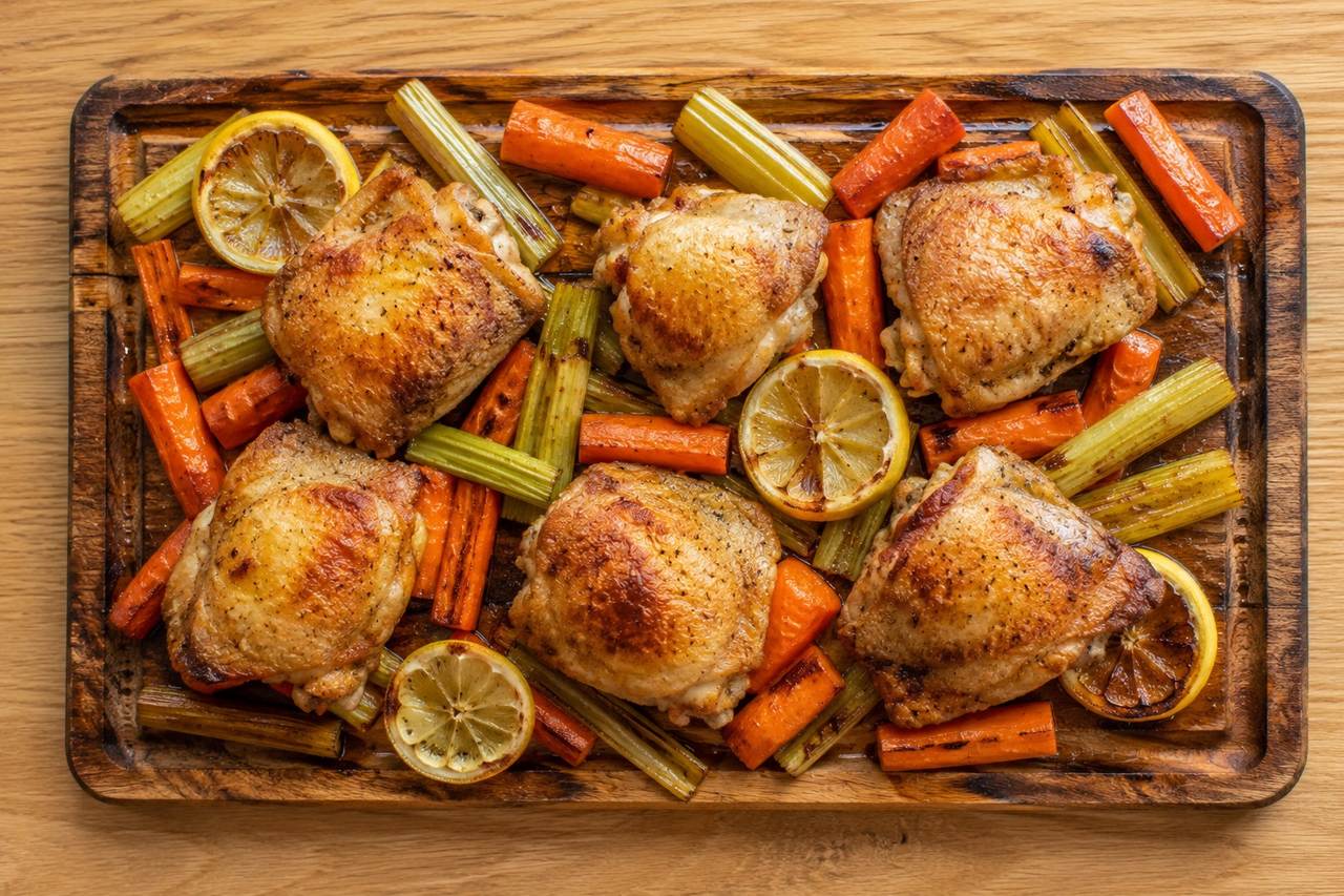 budget sheet pan chicken thighs marinated in lemon and salt, roasted with carrots and celery, Core-compliant as written