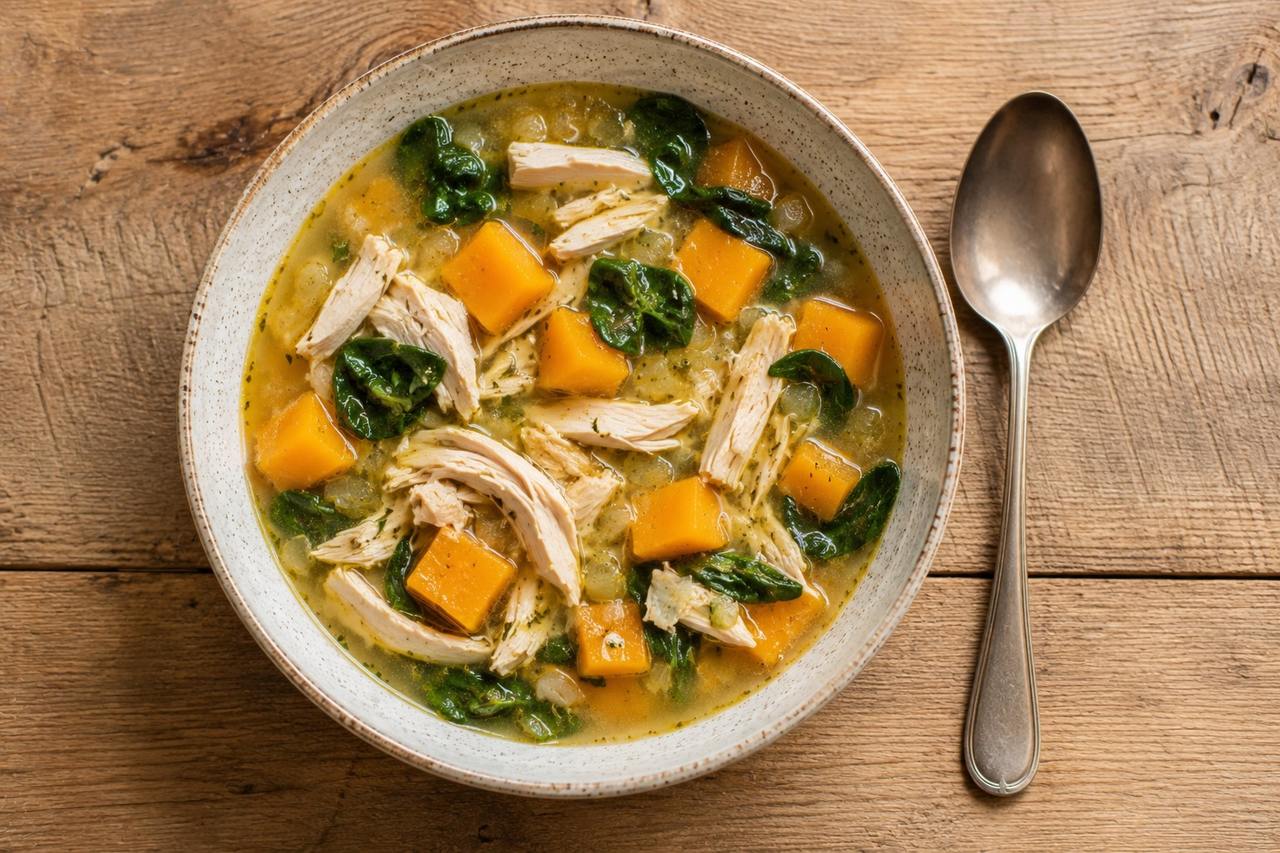 pressure-cooked whole chicken and butternut squash soup with spinach and lemon, Core-compliant as written