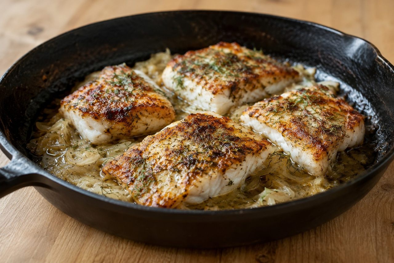 white fish brined in sauerkraut juice, dredged in tapioca flour, fried and broiled crisp, Core-compliant as written