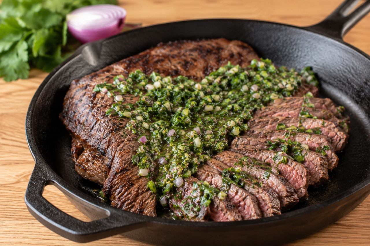 Flank Steak with Basil Chimichurri: a green, herby finish on a simple cut