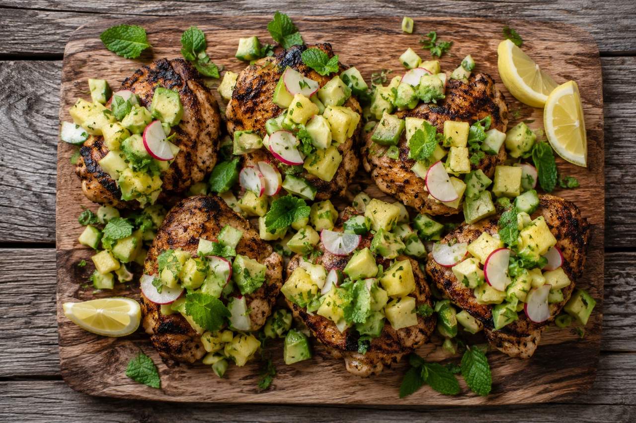 grilled bone-in chicken thighs topped with a fresh pineapple, cucumber, radish, and mint salsa