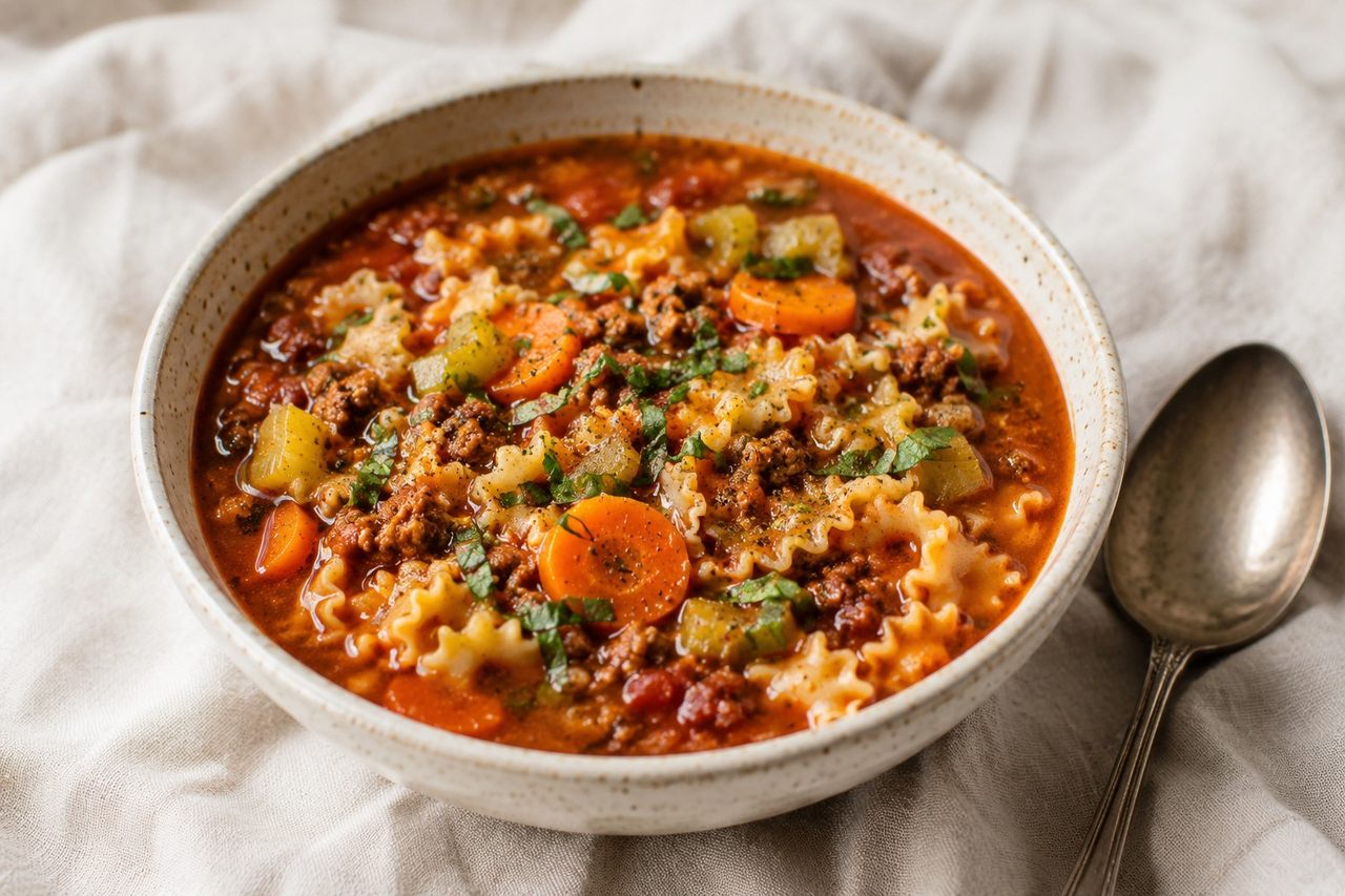 one-pot ground beef and vegetable soup with a pumpkin-and-beet base in place of tomato, finished with cassava pasta