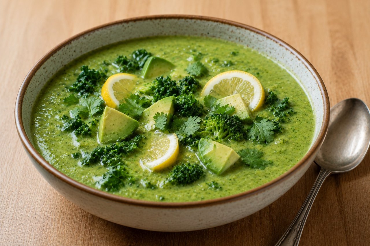 blended green soup of broccoli, kale, and white sweet potato on a bone broth and ginger base, finished with lemon