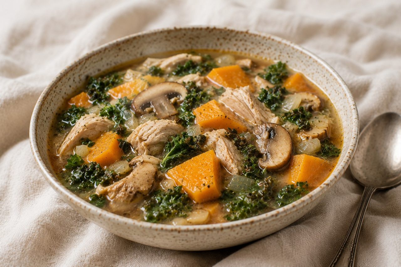 hands-off slow-cooked chicken thigh soup with butternut squash, root vegetables, and mushrooms, finished with kale and lemon