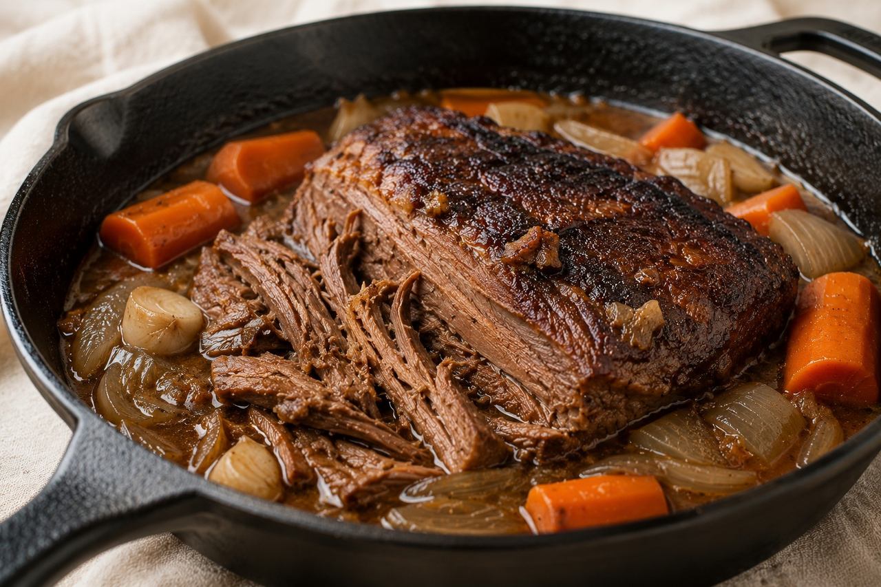 AIP braised beef brisket - seared then slow-braised in broth with onion, carrot, and garlic