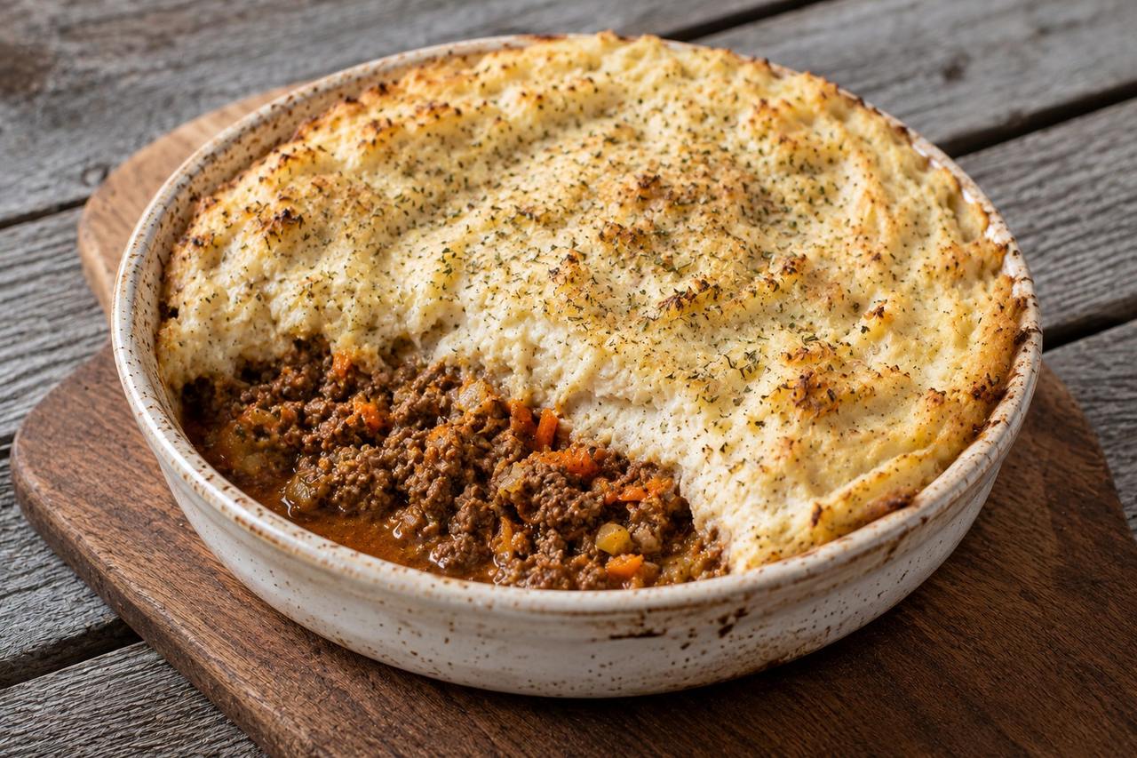 AIP cottage pie - seasoned ground beef and grated vegetables under a white sweet potato mash