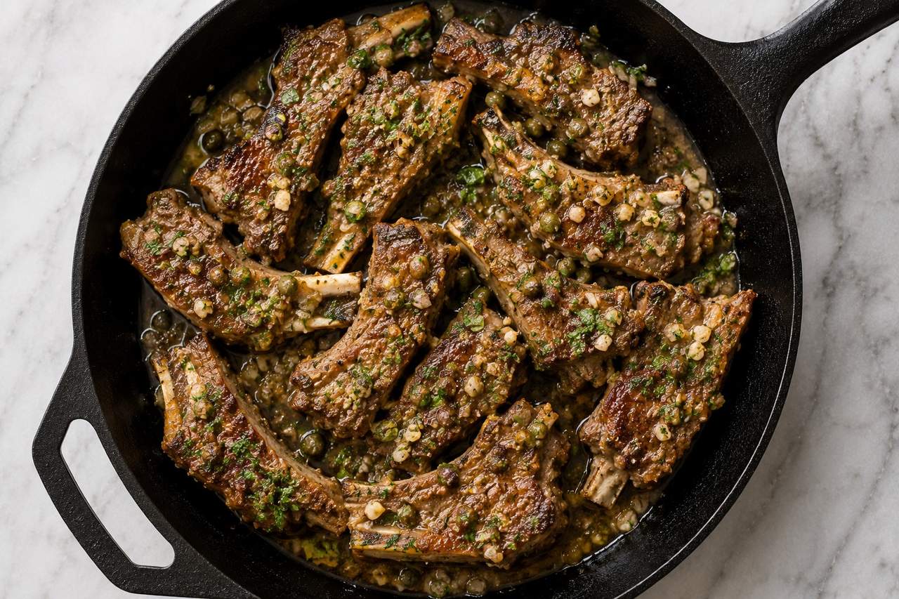 AIP garlic and herb lamb riblets - rubbed riblets pressure-cooked then broiled, with a herb and caper sauce